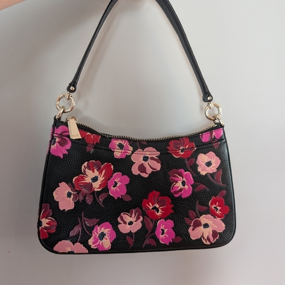 Kate Spade Pebbled Leather Black, Pink & Red Floral Shoulder Bag Poppy Flowers - Picture 2 of 10